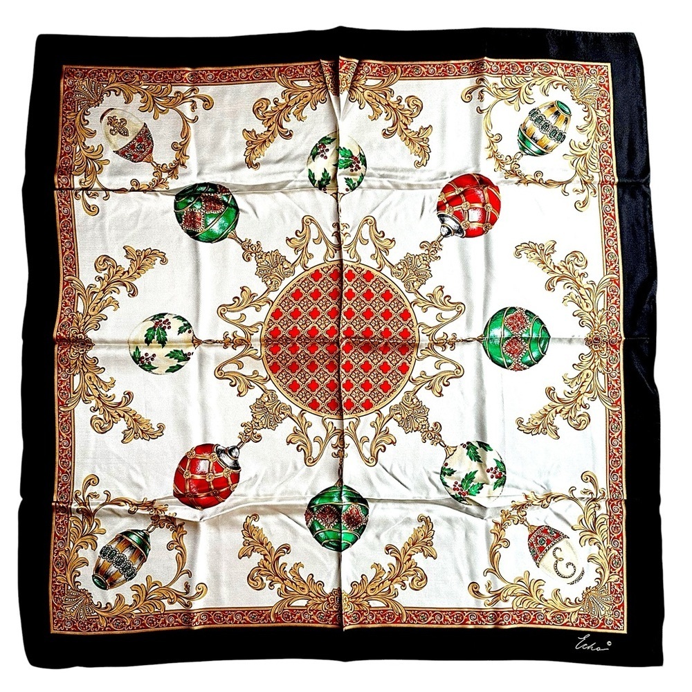 Echo Silk Scarf Black Gold Jewel Ornament Baroque Holiday Square 34”